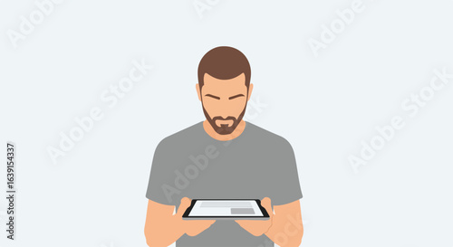 Man using tablet for work home, person holding device indoors, looking at screen. Work home requires technology and commitment, focused on digital work, achieving goals.
