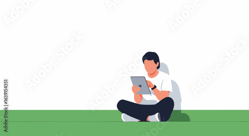 Man enjoying work home lifestyle using tablet, flat lay illustration. Work home and watching video, guy surfing internet and doing online shopping. Work home is perfect to study online or relax.