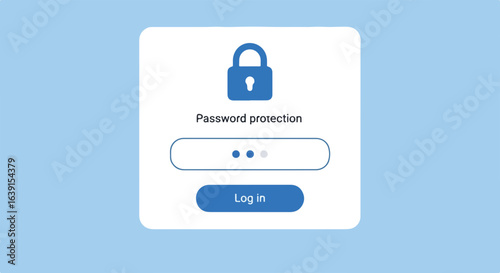Password protection interface with blue padlock and login button on blue background. Password protection concept for secure access and data privacy with simple user interface.