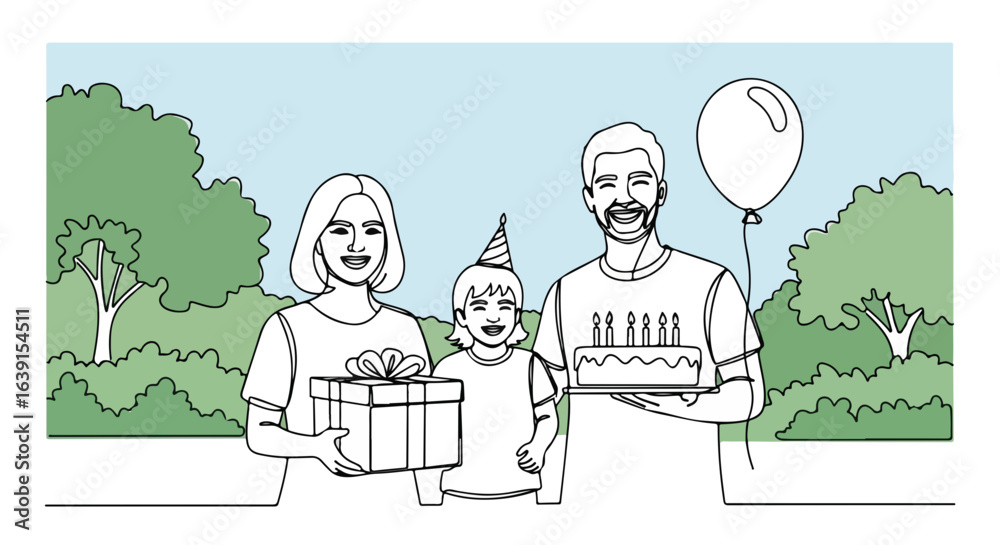 Obraz premium Family trip outdoors with birthday celebration and gift giving depicted in a line drawing. This family trip features a happy family and includes birthday cake, balloon,