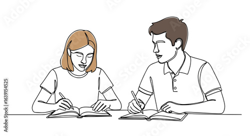 Back to school with young students studying together, reading books and taking notes. Back to school season sees students collaborate on school assignment and study groups,