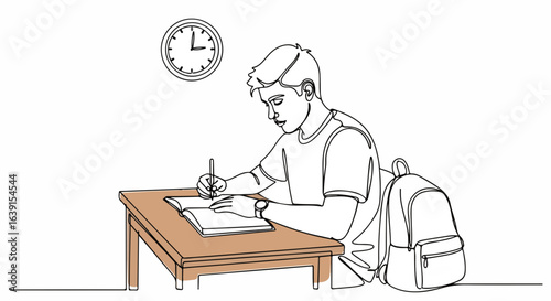 Back to school student meticulously works at desk with backpack, diligently focused on assignment. Back to school season finds students in concentration, taking notes and engaged in learning.
