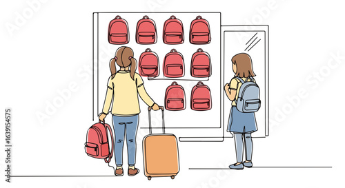 Back to school selection with girls choosing backpacks, back to school shopping in store. Back to school preparation involves examining backpacks and school supplies. Depicts back to school time,