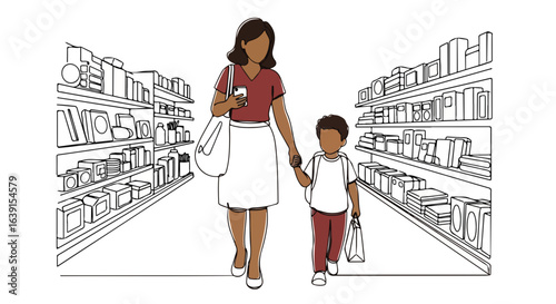 Mother and son shopping for back to school supplies together in store aisle, shopping together. Back to school time finds mother and son hand in hand in supermarket aisle,