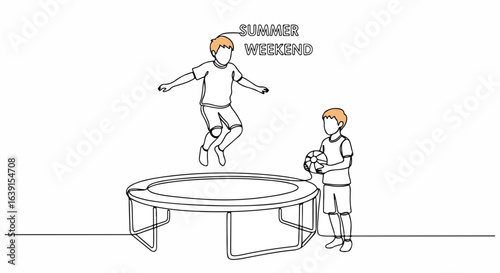 Summer weekend trampoline scene with two young boys having fun, simple line art. Summer weekend, featuring children playing with ball and jumping on a trampoline,