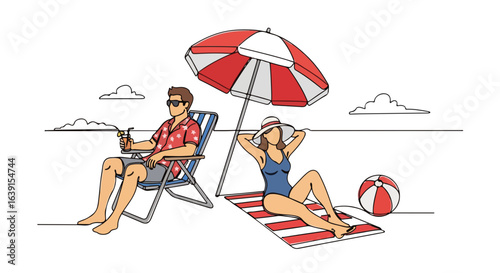 Enjoy summer weekend on beach: Man and woman are relaxing on a beach chair and towel. This illustrative summer weekend getaway offers relaxation and sunbathing for a couple enjoying ocean view.