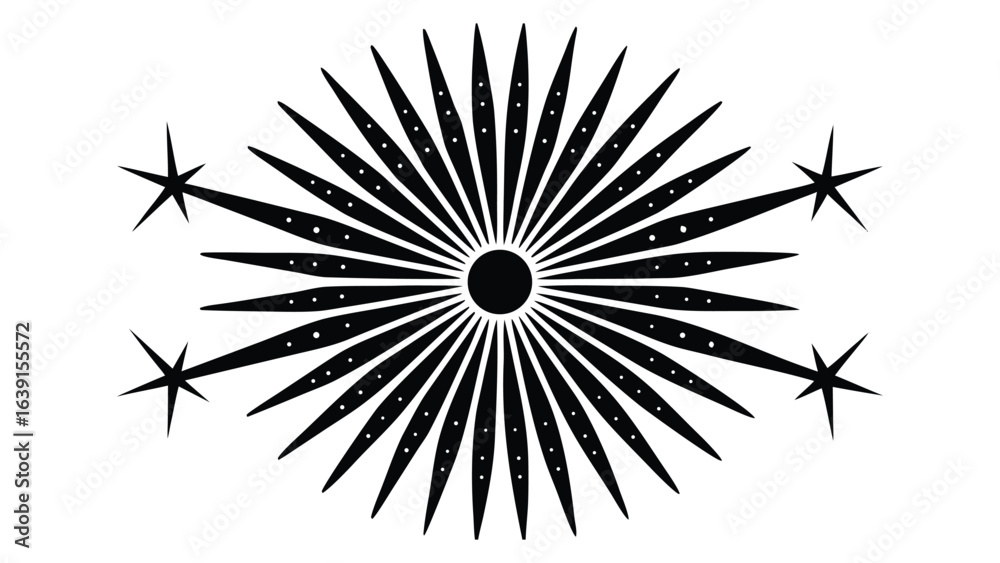Fototapeta premium Vector art of radiant starburst with a central circle and radiating points isolated on a white background.