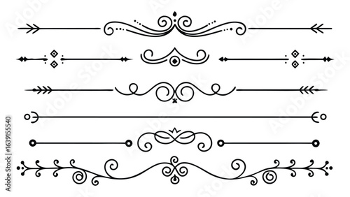 Vector art of collection of elegant vintage ornamental dividers and page separators with intricate swirls and decorative elements, isolated on white background.