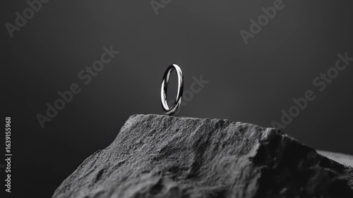 A stunning silver ring stands elegantly on a rugged rock, illuminated by soft lighting. The contrast between refined design and natural texture captivates the viewers attention.