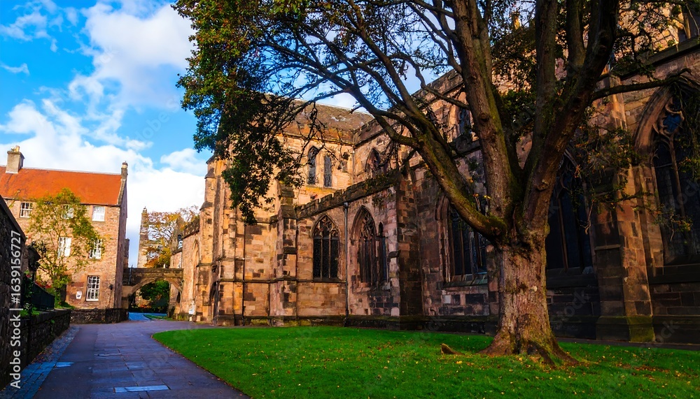 Fototapeta premium Historic stone buildings and a large tree in a courtyard setting.
