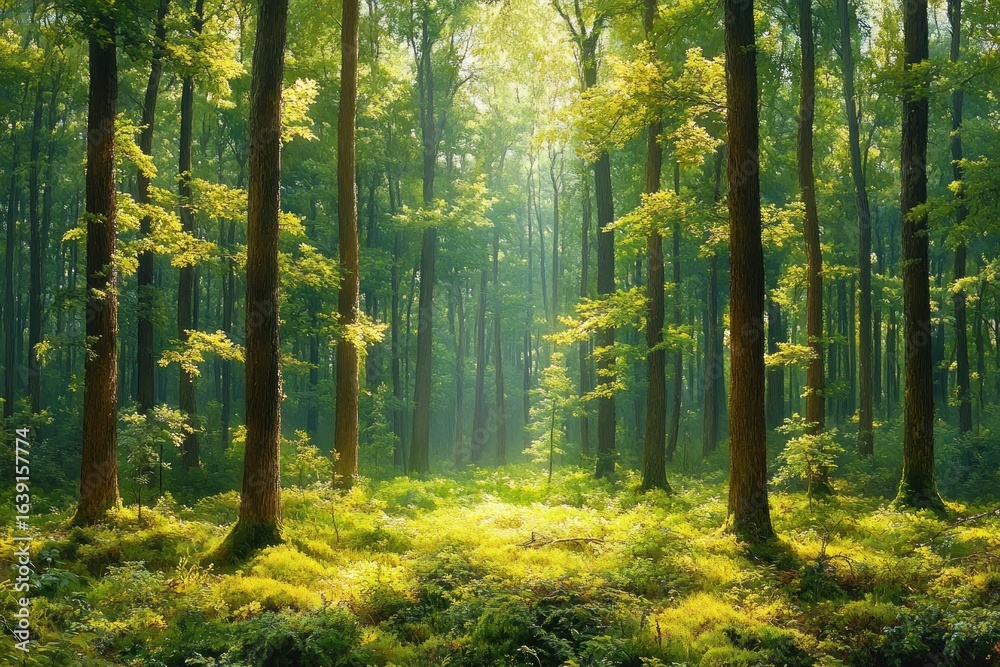 Naklejka premium Sunlight streaming through tall green trees in a lush forest with vibrant undergrowth and a serene, peaceful atmosphere