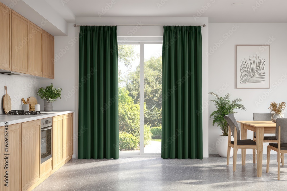 Obraz premium Modern kitchen with dark green drapes