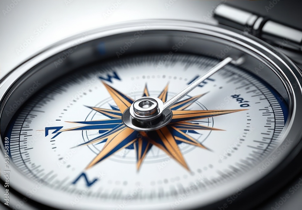 Close-up of a classic metallic compass showing detailed directional markings with a sharp focus on the needle pointing north-east under soft lighting Close-up of a classic metallic compass showing detailed directional markings with a sharp focus on the needle pointing north-east under soft lighting