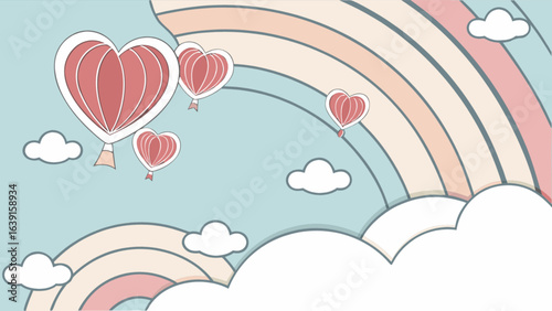 Heart balloons and rainbow pastel sky background vector illustration for valentine's day and love themed design