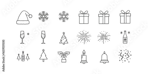 Festive holiday icons including hats snowflakes gifts champagne trees fireworks and bells