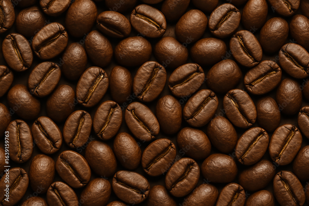 Fototapeta premium A close-up view of roasted coffee beans, showcasing their rich brown color and texture, perfect for coffee lovers and enthusiasts.