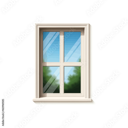 A cream window frame with four panes shows a blue sky and green trees