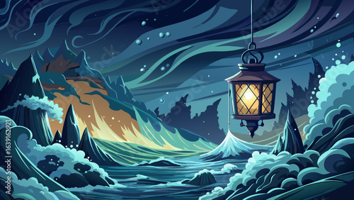 Sea spray shimmers in cold night air, lantern sways above, ropes creak. High detail illustration, stormy clouds, immersive horror scene, suspenseful yet beautiful atmosphere, mysterious ocean darkness