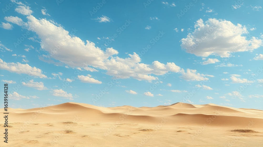 Fototapeta premium Expansive desert landscape with gentle sand dunes under a bright blue sky dotted with scattered white clouds