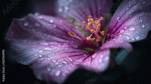 Close-Up of a Pink Flower Stamen with Dew Drops Surrounded by Delicate Petals on Dark Background 