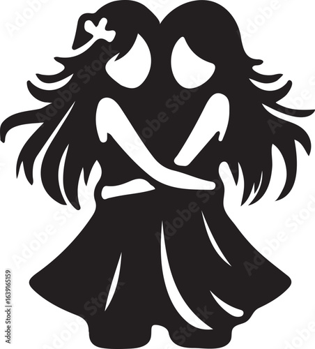 Symbolic Representation of Gemini Zodiac Sign Delineating Duality Friendship and Intertwined Fates in a Minimalist Black and White Silhouette Design