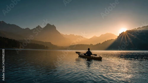 Silhouette of Person Meditating in a Canoe on a Calm Tropical Lake at Dawn