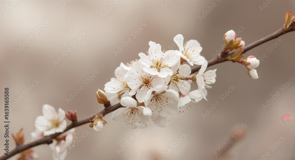 Delicate Blossom. CloseUp of White Cherry Flowers and Buds on a Brown Branch. Delicate Blossom. CloseUp of White Cherry Flowers and Buds on a Brown Branch.