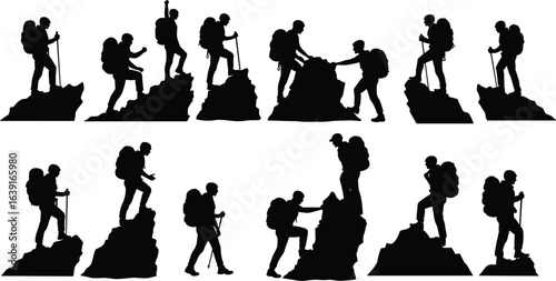 Hiking silhouettes collection, mountain climbing adventure, trekking with backpacks, outdoor exploration icons, nature hiking poses, rock climbing figures, travel hiking vector set, 