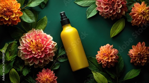 Yellow Liquid Spray Bottle with Colorful Flowers on Dark Green Background