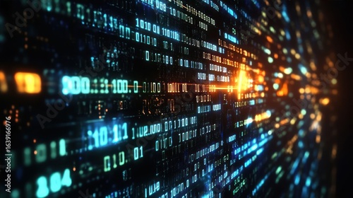 Abstract digital data streams with glowing binary code and numbers in blue and orange hues creating a futuristic and dynamic technological atmosphere