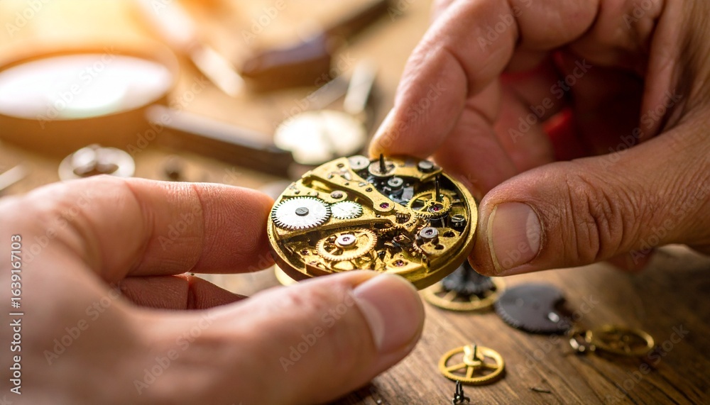 Fototapeta premium Watchmaker Assembling a Mechanical Watch Movement on Wooden Workbench