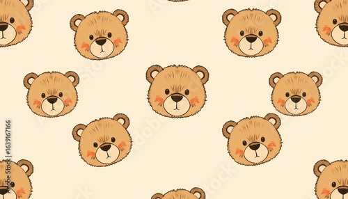 Adorable hand-drawn brown teddy bear face seamless repeat pattern on pastel beige background,  texture,  art