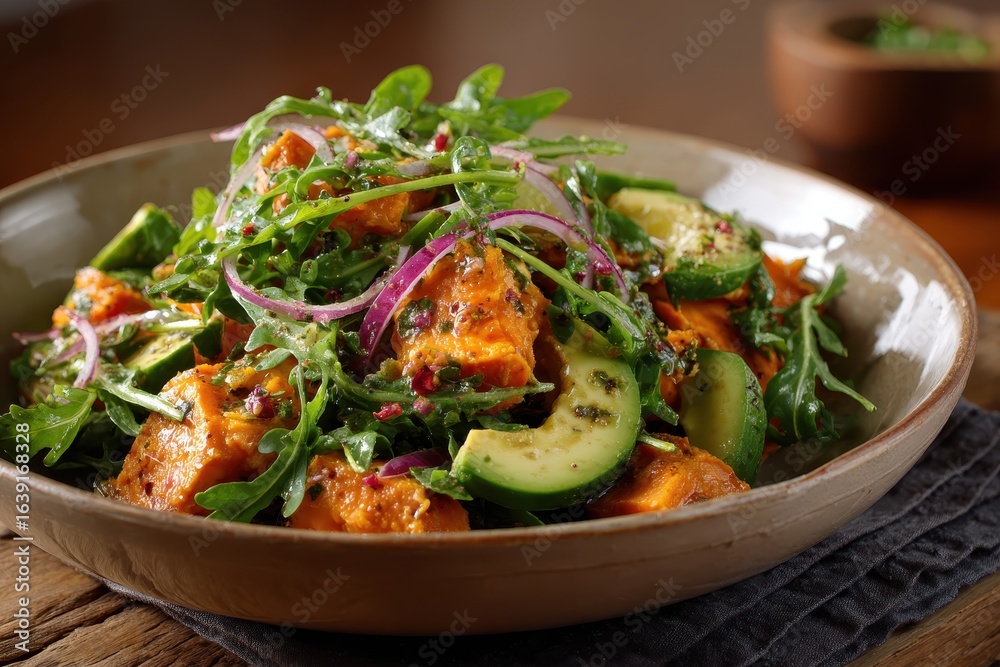 Sweet potato salad with arugula, avocado, and cucumber served in a rustic bowl on a wooden table in a cozy dining setting