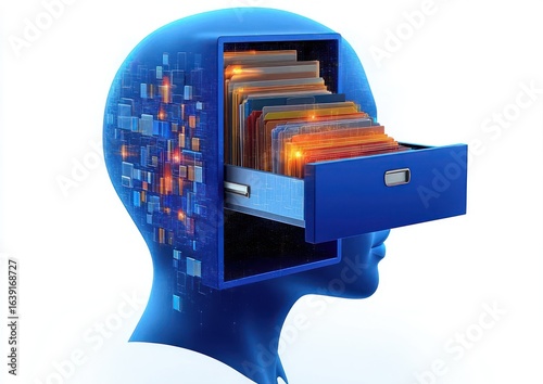 Blue human head silhouette with an open filing cabinet drawer containing glowing files inside the brain area representing memory storage and data organization