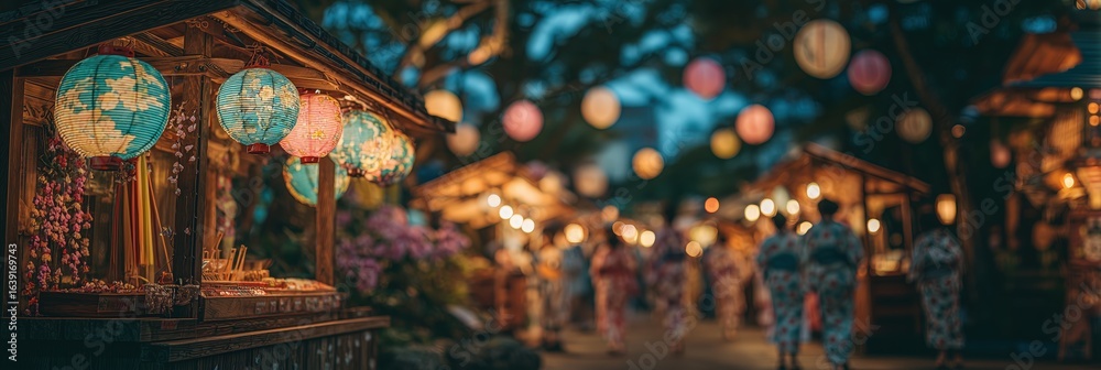Fototapeta premium Japanese people wearing traditional yukata walking in summer matsuri festival at night