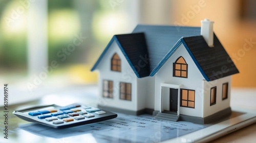 Conceptual shot of a house model and calculator depicting home finance planning