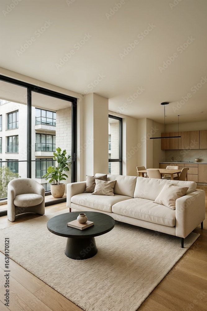 Fototapeta premium Urban loft living space with industrial windows, neutral furniture, and city backdrop