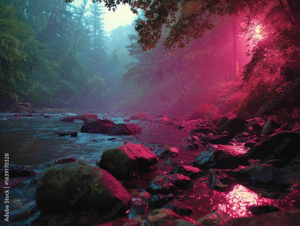 Obraz premium Misty forest stream, vibrant hues