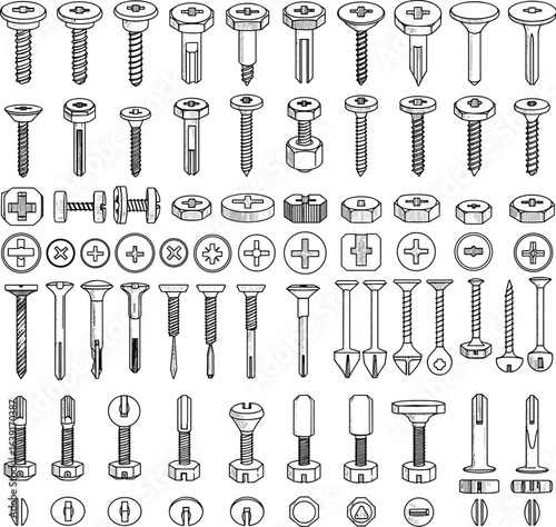 A detailed collection of various types of screws, bolts, and fasteners, perfect for engineering, construction, and DIY projects, vector illustration.