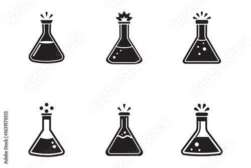 Science experiment flat icons with liquid boiling in laboratory glassware chemical reaction and research concept for educational purposes or scientific presentation