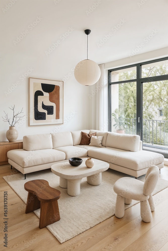 Obraz premium Modern minimalist living room with abstract wall art, beige sectional sofa, and large windows