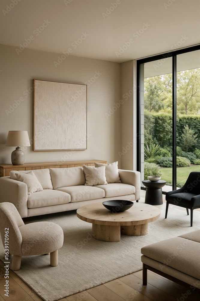 Fototapeta premium Clean contemporary lounge with white sofa, black accent chair, and panoramic garden view