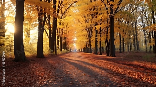 Twilight light over an autumn forest road, golden leaves illuminated under the last sunlight, cool shadows on the ground