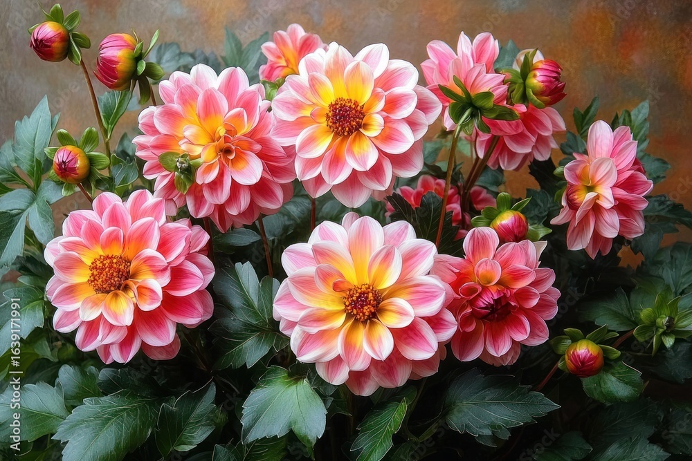 Vibrant pink and yellow dahlia flowers in full bloom surrounded by green leaves against a rustic brown backdrop, conveying freshness and natural beauty Vibrant pink and yellow dahlia flowers in full bloom surrounded by green leaves against a rustic brown backdrop, conveying freshness and natural beauty