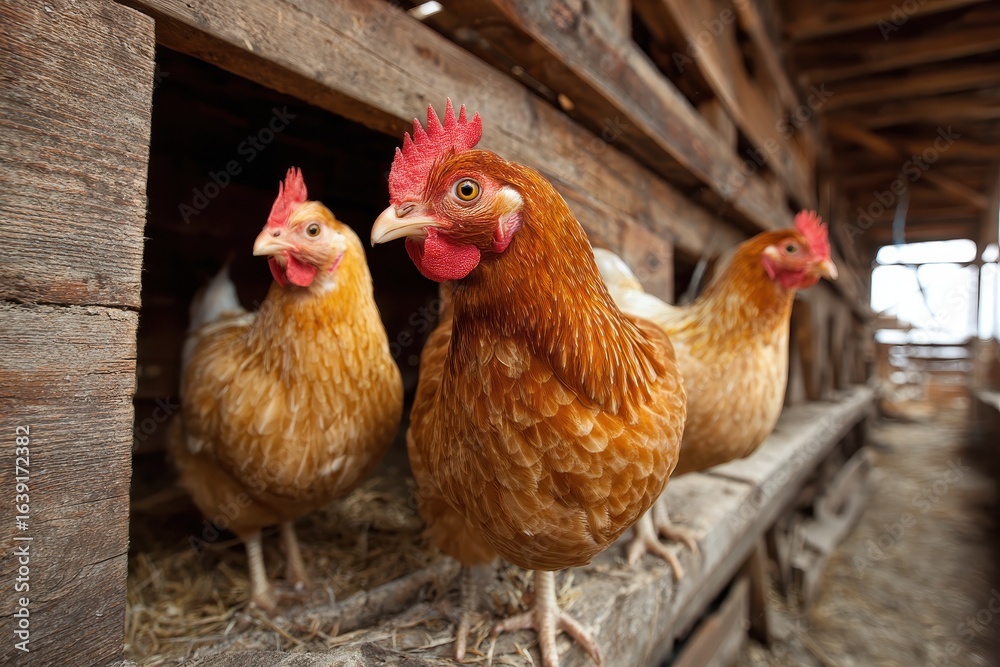 Fototapeta premium Hens explore their cozy environment in a rustic chicken coop at a local farm during the day, showcasing their natural behavior and vibrant plumage in a peaceful setting