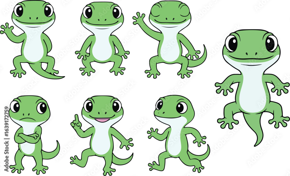 Obraz premium vector illustration of gecko lizard reptile funny cute cartoon mascot character cartoon with 7 poses 01