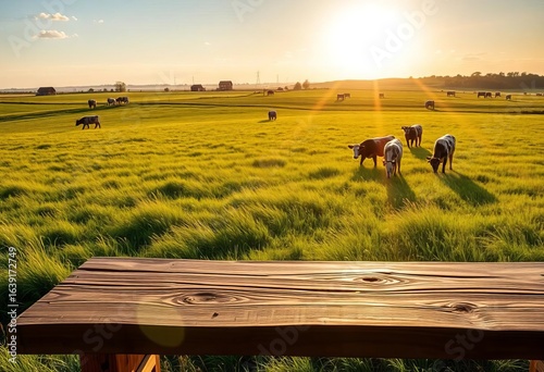 Sunlit grassy field, cows grazing, distant farm viewed from rustic wooden table, idyllic, cattle