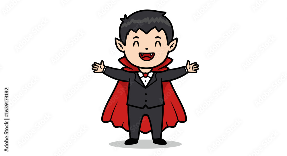 Cartoon Vampire Boy with Red Cape and Black Suit Spreading Arms Cartoon Vampire Boy with Red Cape and Black Suit Spreading Arms