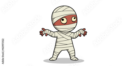 Cartoon Mummy Character Wrapped in Bandages with Big Eyes and Open Arms