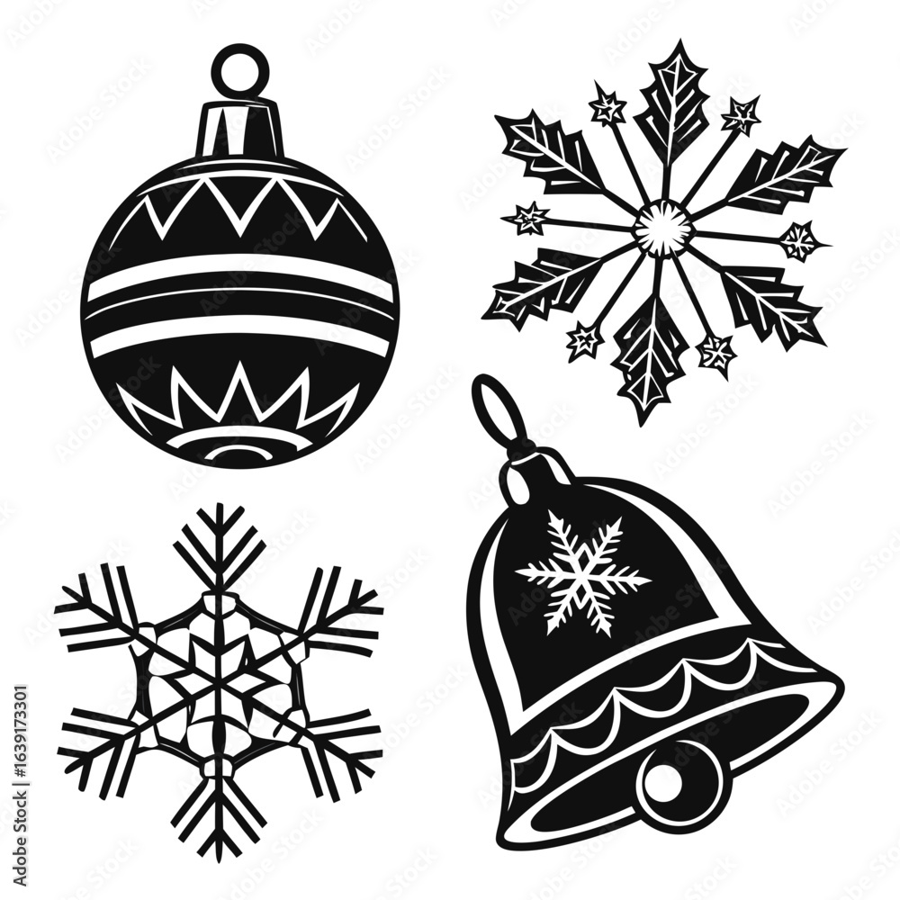 Fototapeta premium Christmas ornaments collection featuring snowflakes and bell